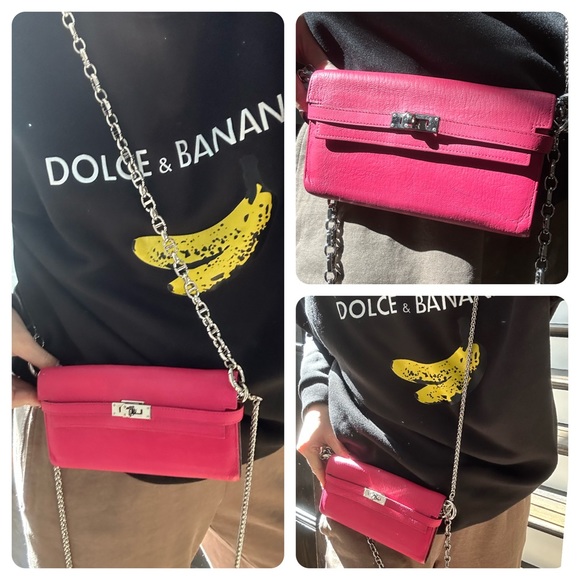 💯 HERMES Fuschia Pink Kelly Classic Long Wallet Chevre Leather Wallet on Chain - Picture 14 of 15